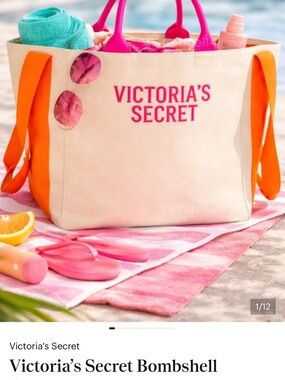 NWT Victoria's Secret Bombshell Beach Tote Bag Cream with Pink Logo Orange Strap
